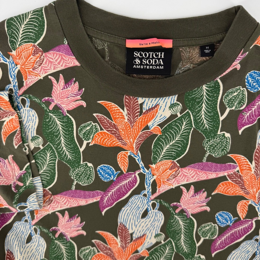 Scotch & Soda T-Shirt Medium Orange Purple Green Tropical Floral Organic Cotton